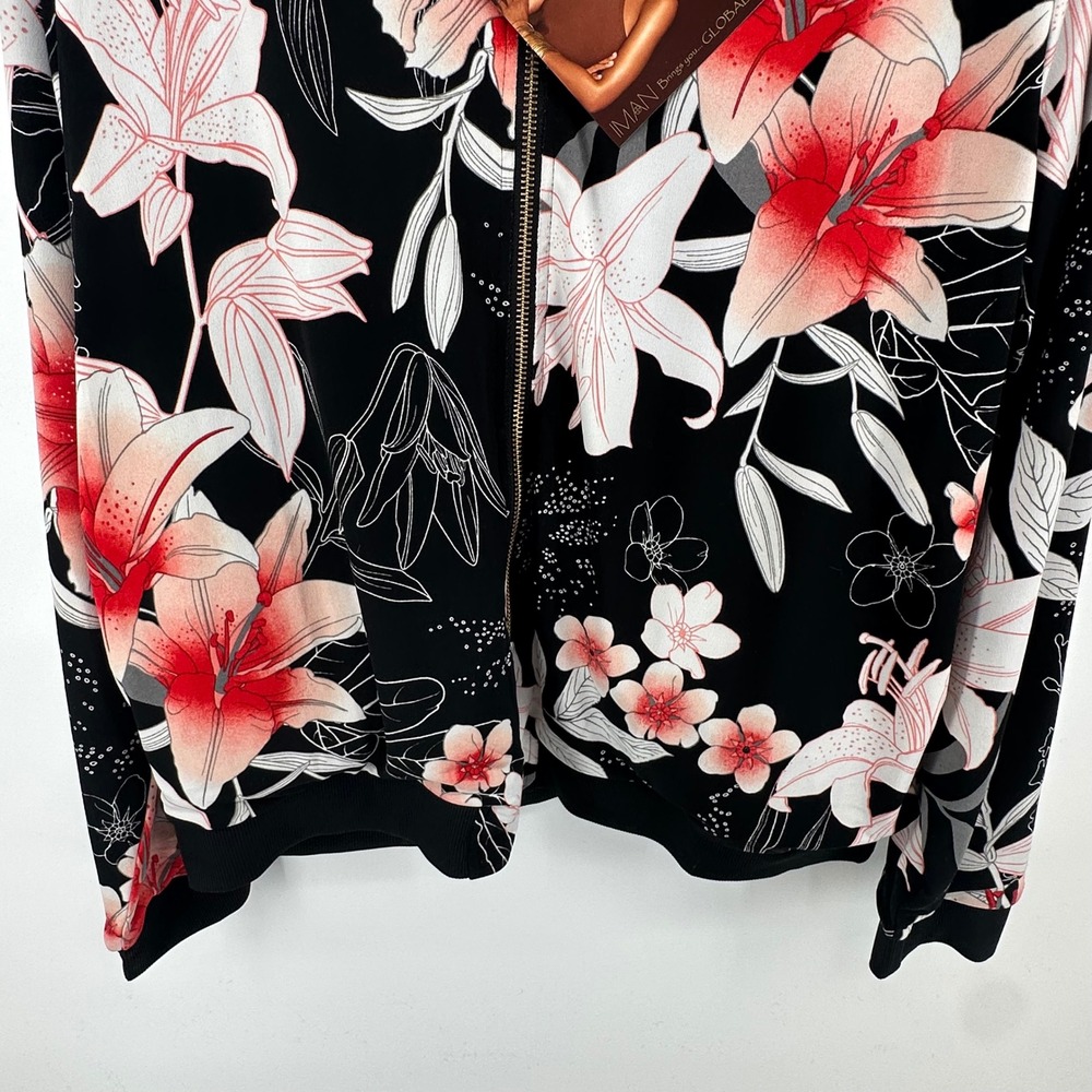 IMAN Global Chic Floral Bomber Jacket Black Red Tropical Lily Print Size XL NWT - Picture 11 of 14